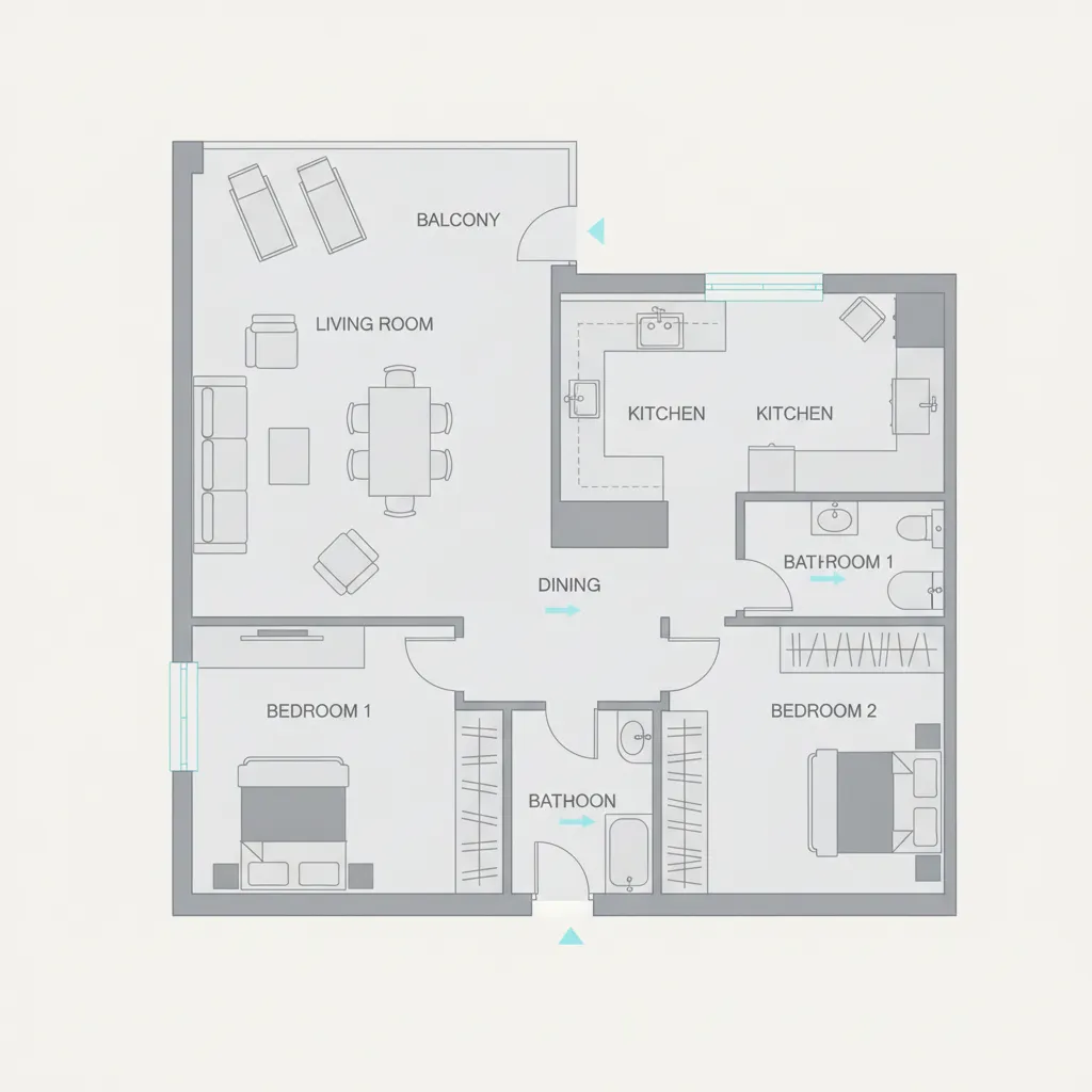 Labeled two bedroom apartment floor plan with living room kitchen dining area and a balcony