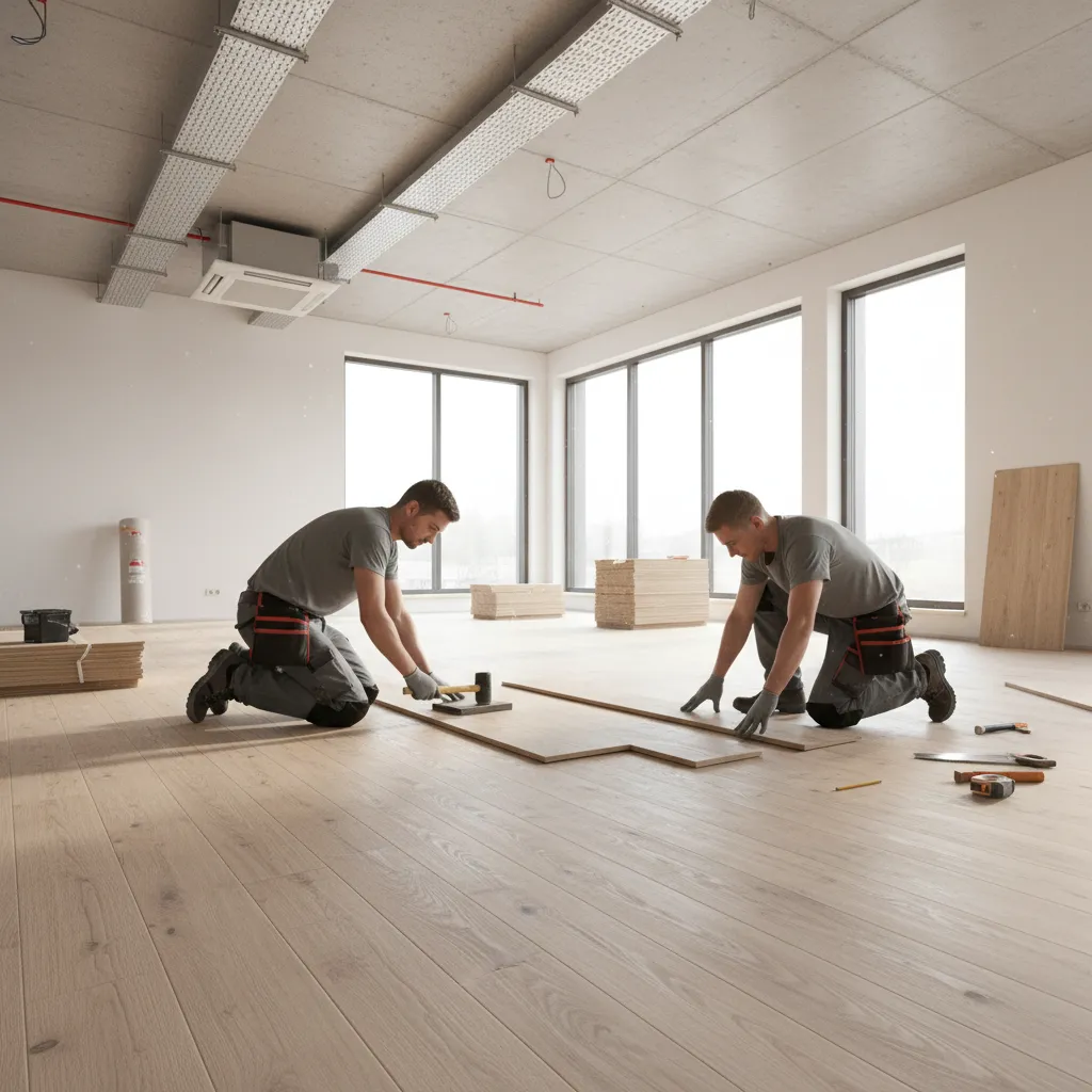 professional installers laying laminate flooring in a large open room