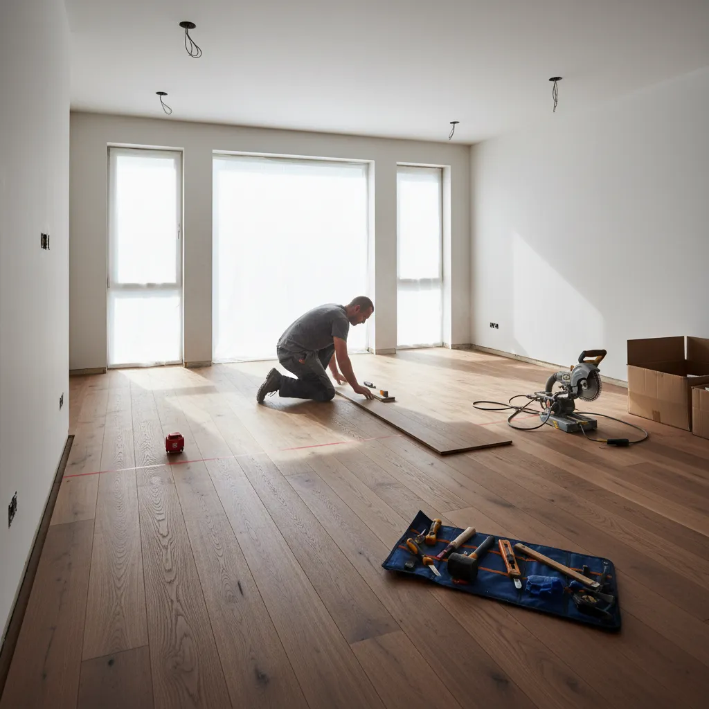 professional installer placing hardwood flooring planks during installation