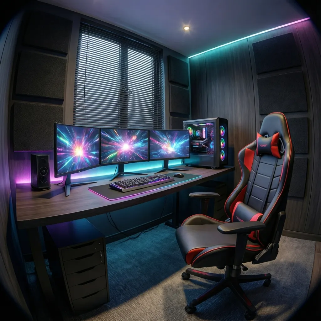 professional gaming computer room setup with triple monitors and RGB lighting