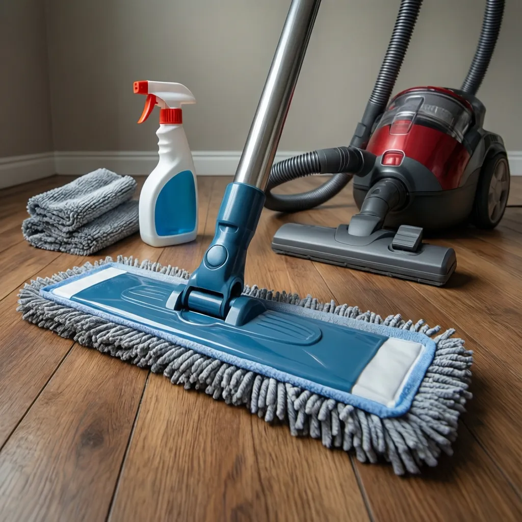 Professional hardwood floor cleaning equipment including microfiber mop and neutral cleaner