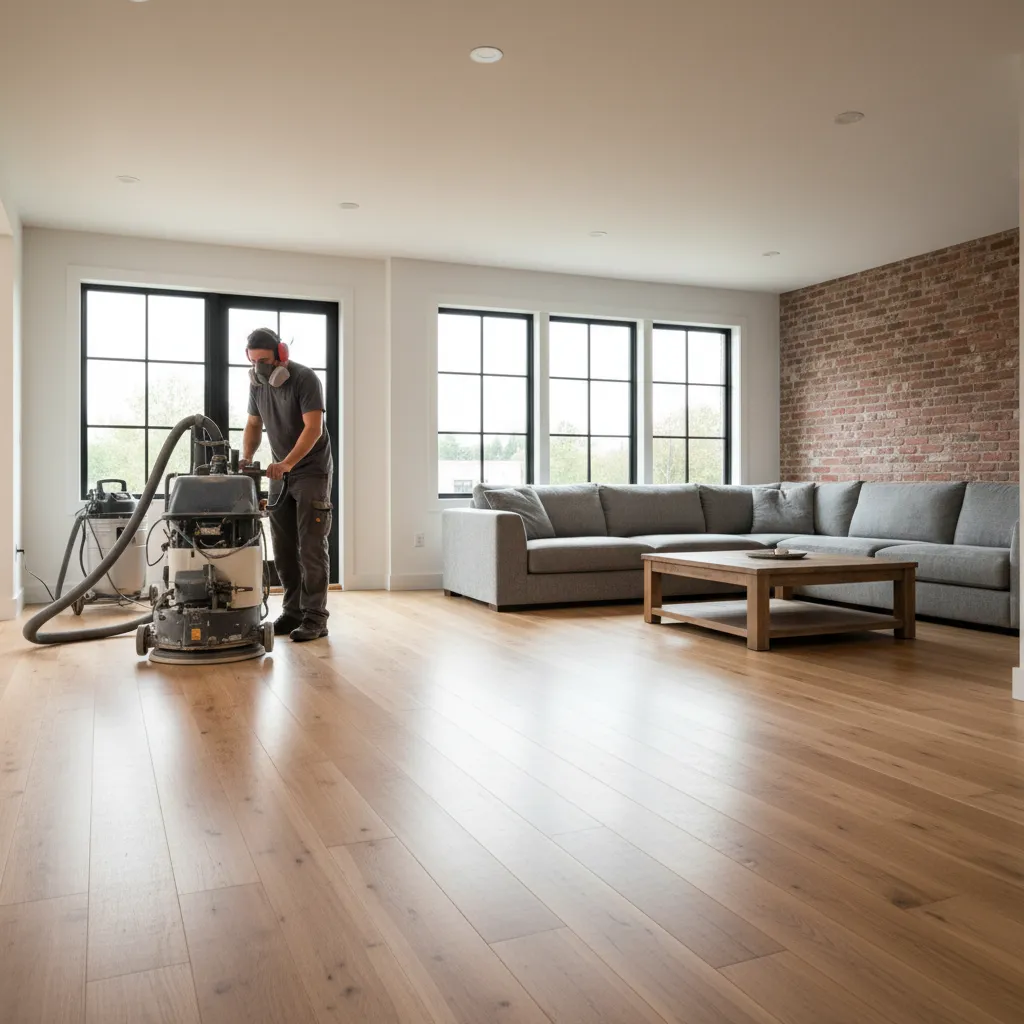 Professional contractor sanding hardwood floor using commercial dust control system