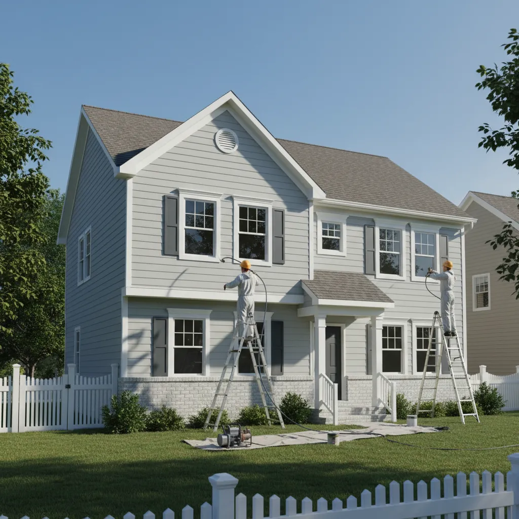 Professional painters using ladders and spray equipment on house exterior