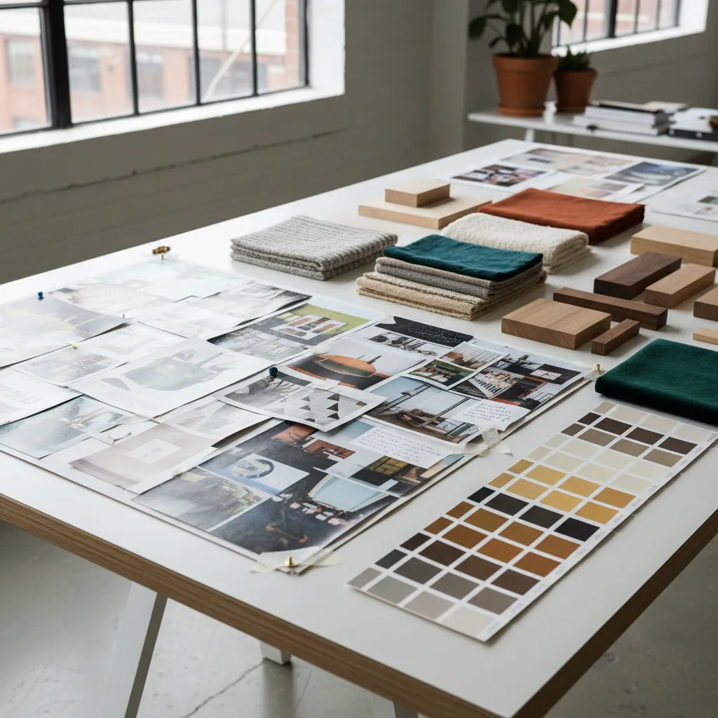 Mesa de estudio con collage profesional de diseño interior y muestras de materiales