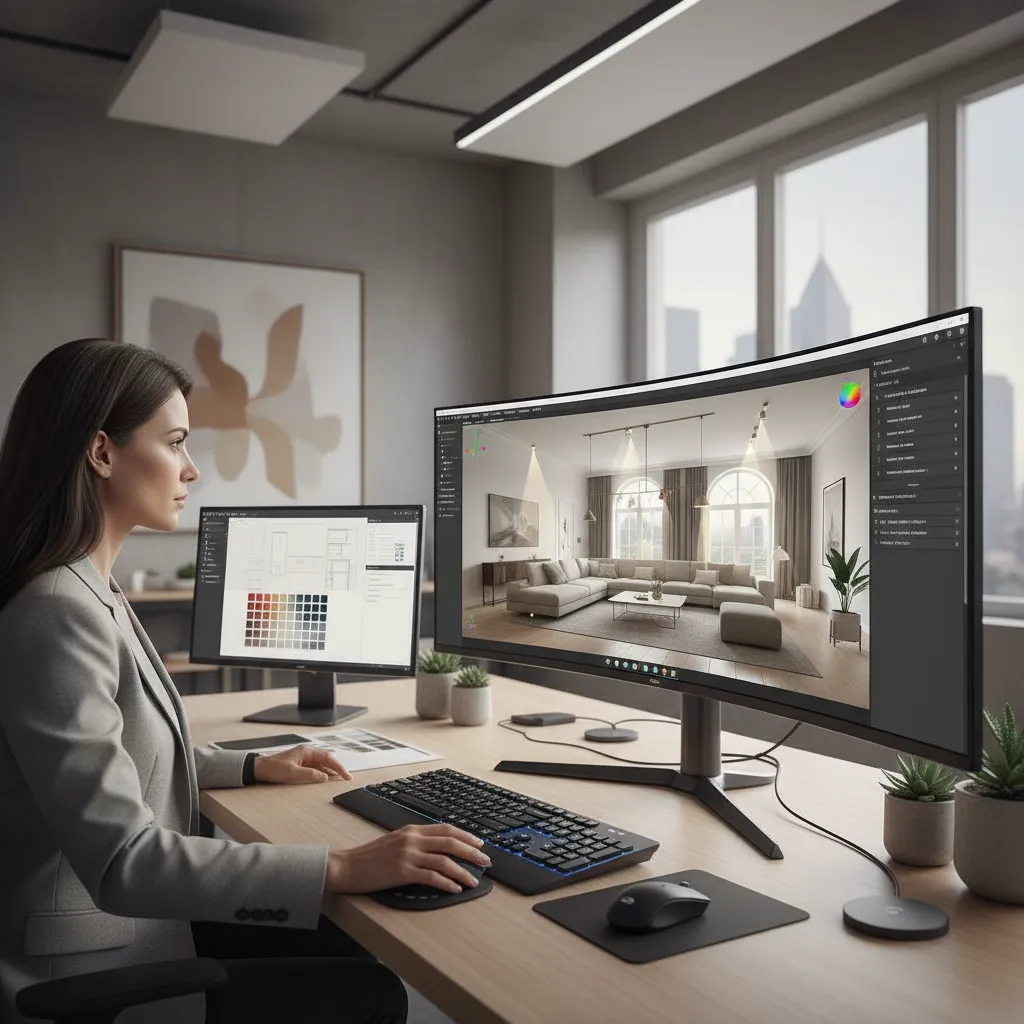professional interior designer working with 3D modeling software on a large screen