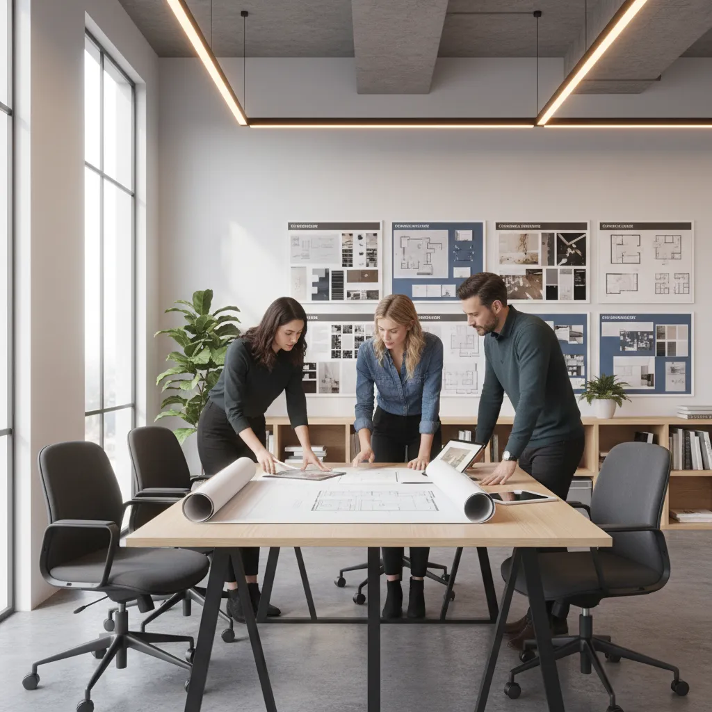 Interior design team reviewing commercial space plans around a table