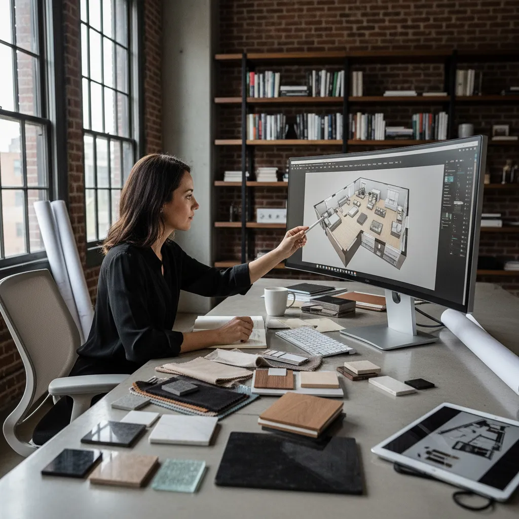 Woman pointing at computer screen showing 3D room layout design with material samples on desk