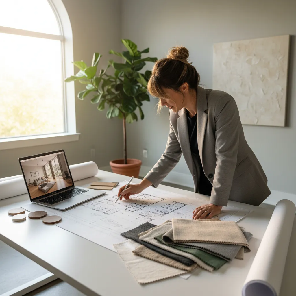 professional interior designer reviewing living room layout and materials