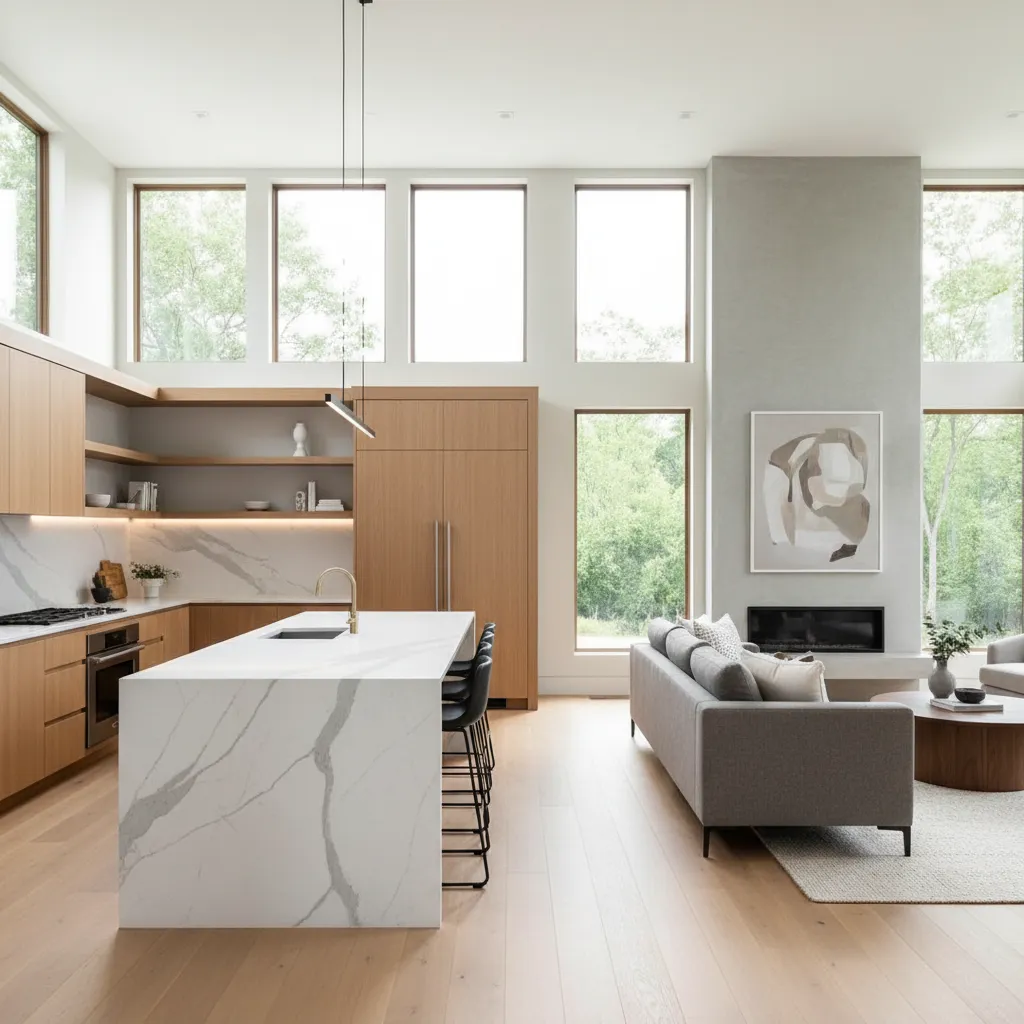 professional interior photography of remodeled modern kitchen and living space