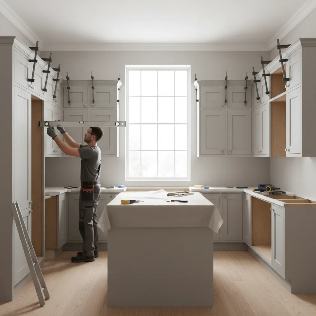 Professional installer aligning kitchen cabinets in modern kitchen