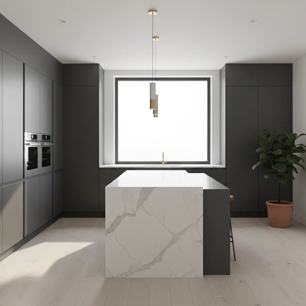 photorealistic render of modern kitchen created with professional design software