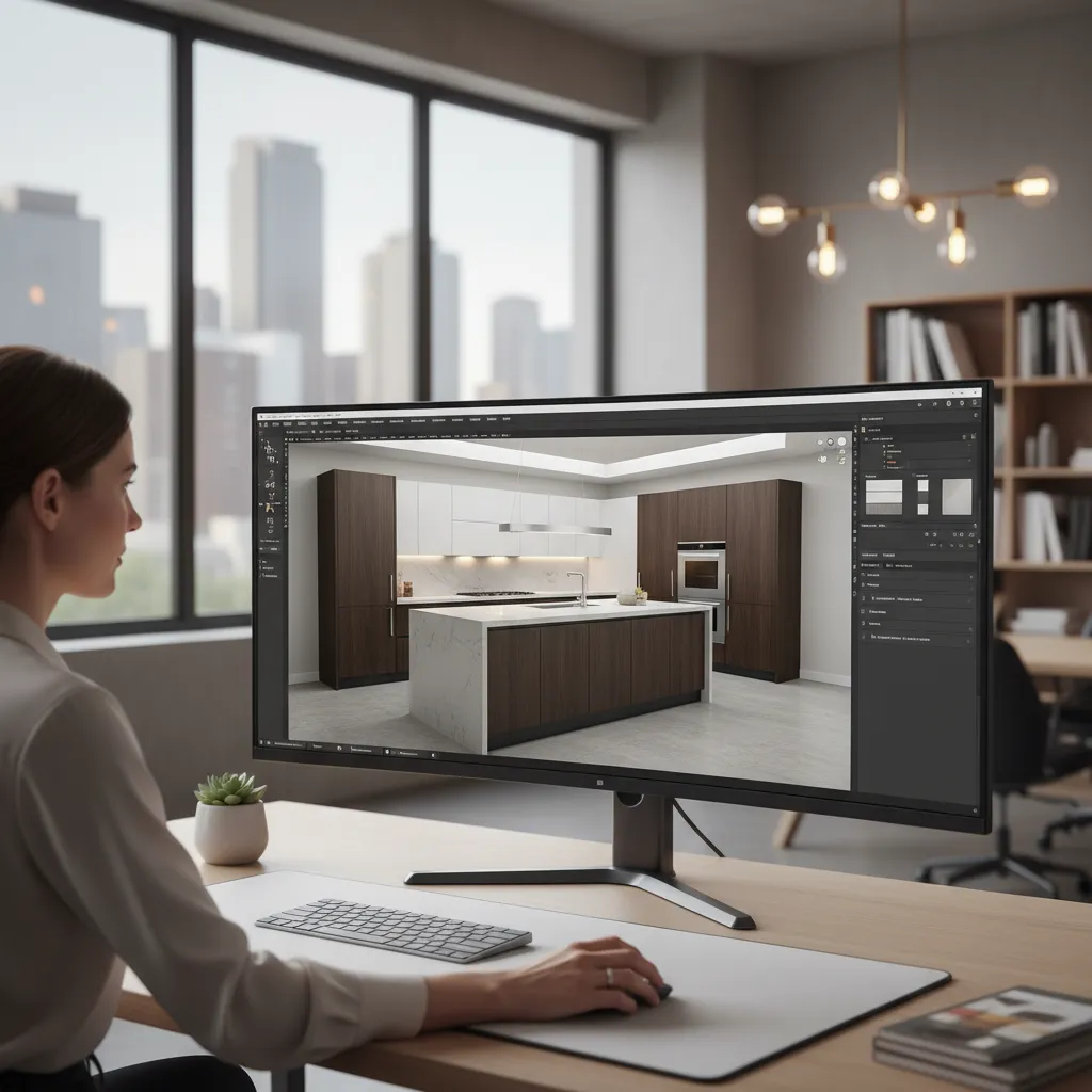 Interior designer working with kitchen design software on a modern workstation