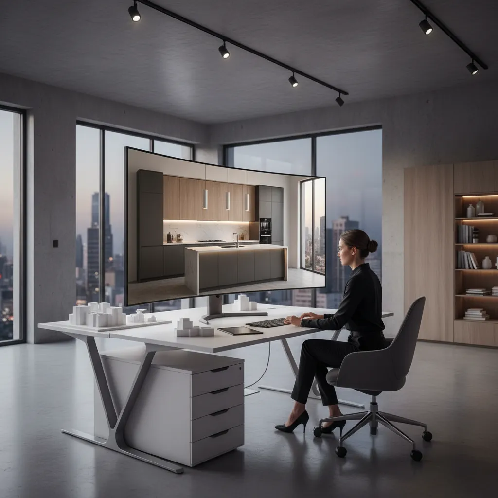 designer reviewing modern kitchen layout and render on large monitor