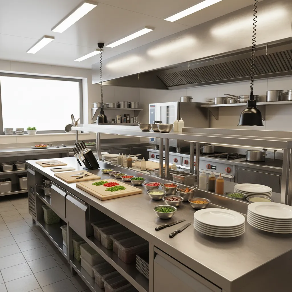 Professional kitchen counter layout showing prep and plating workflow zones