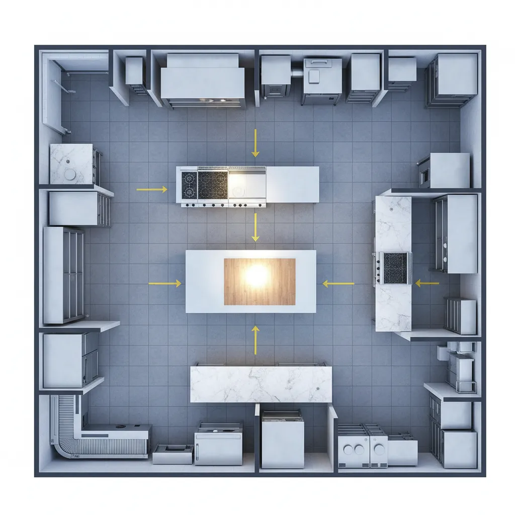 Diagram style visualization of professional kitchen workflow centered around prep table