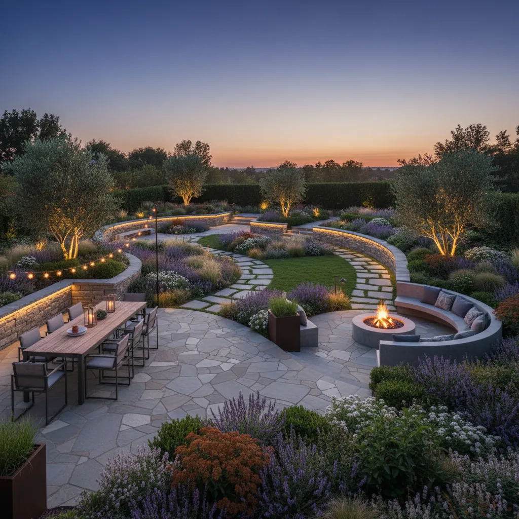 Professionally designed backyard with patio zones pathways and layered planting