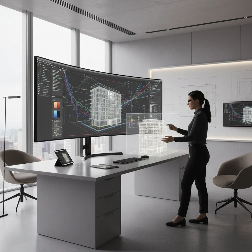 Lighting designer analyzing building lighting layout and photometric results