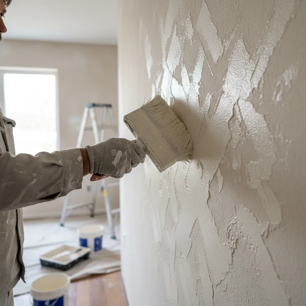 Contractor applying limewash with large masonry brush