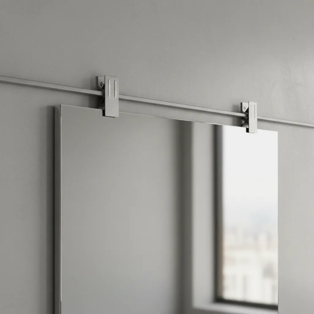 Close-up of professional wall mirror mounting system using Z-clips