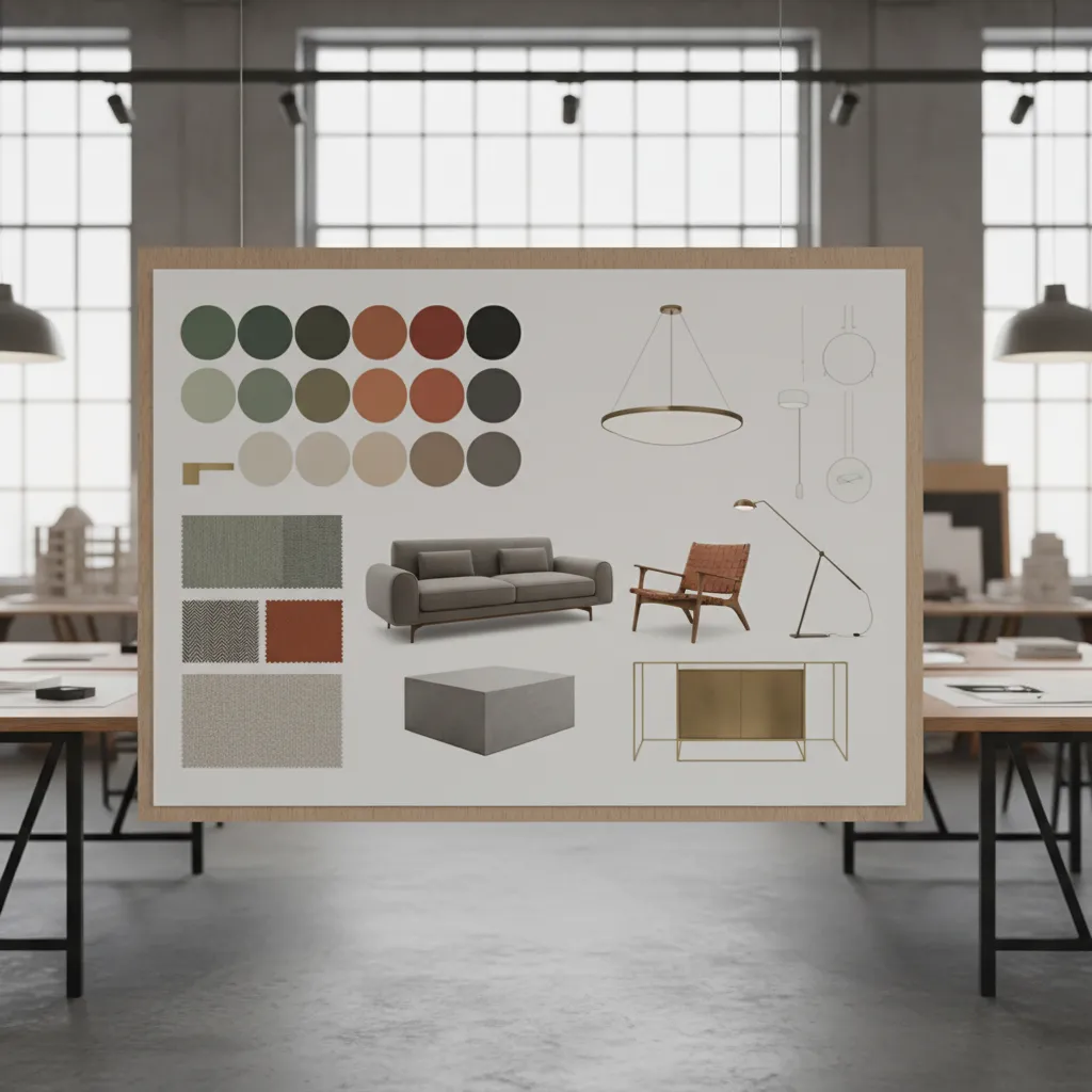 Professional interior design mood board presentation with materials colors and furniture