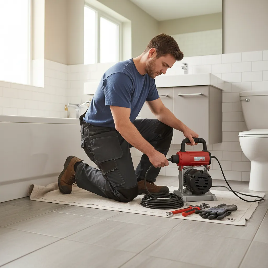 professional plumber using motorized drain snake to clear pipe blockage