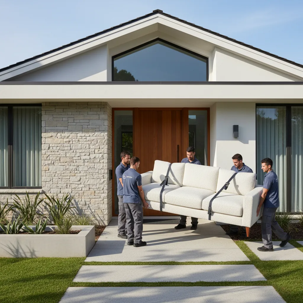 Professional movers carrying a sofa into a house during a residential move