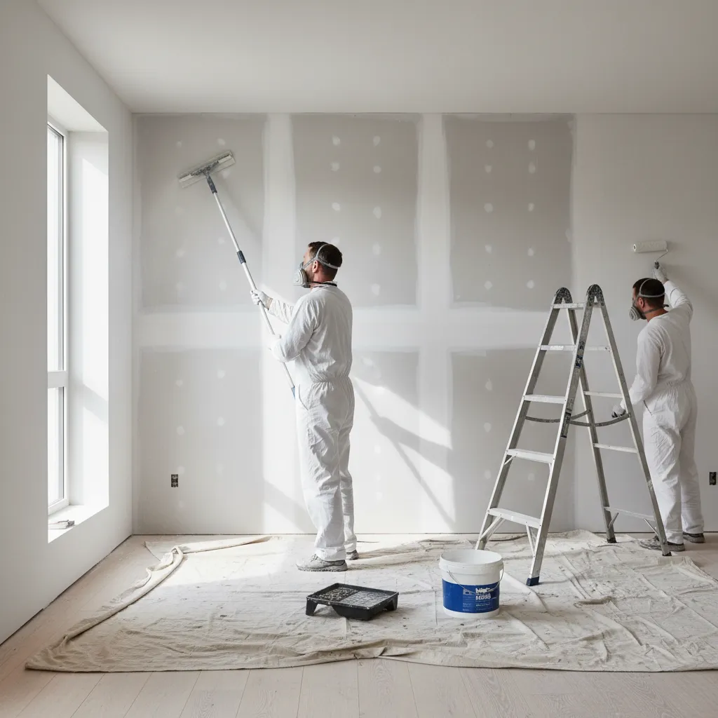 professional painter preparing walls with sanding and primer before painting