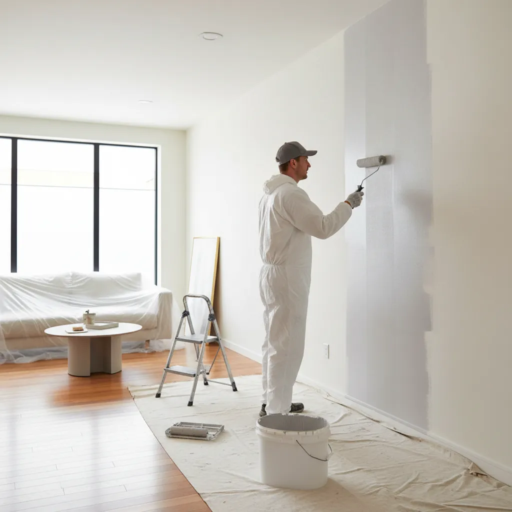 Professional painter applying paint evenly with roller on interior wall