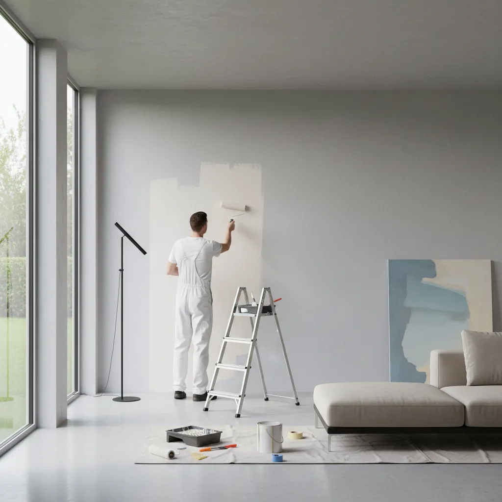 Professional painter applying smooth paint coat in modern living room interior