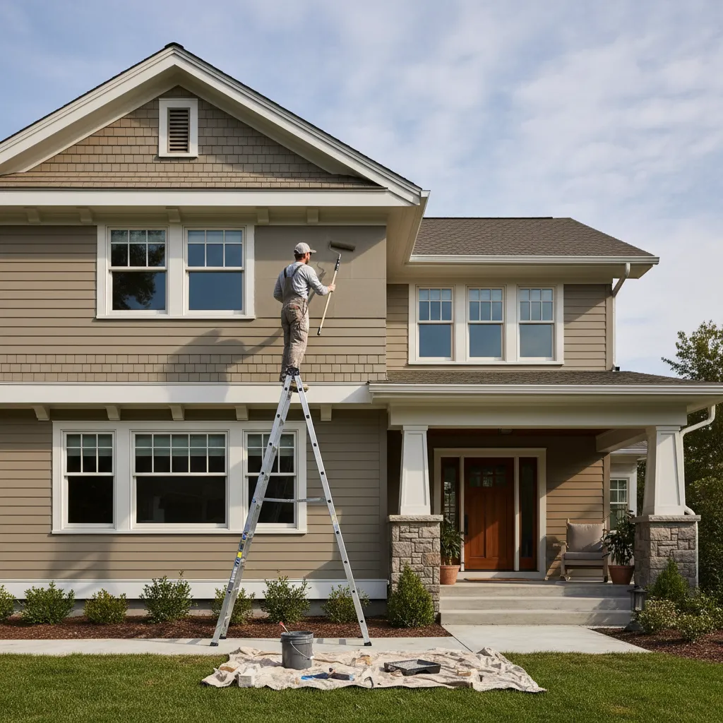 professional painter applying exterior paint on a two story house with ladder