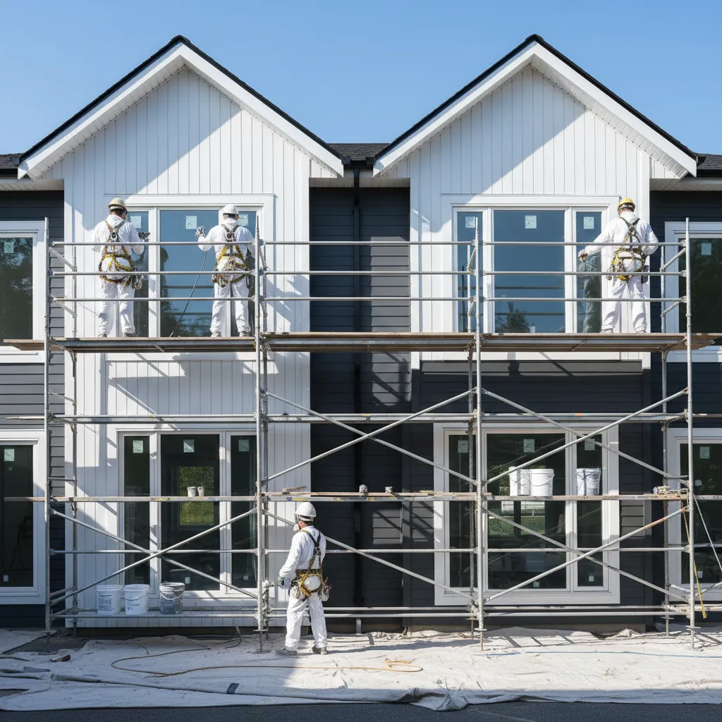 Professional painters using scaffolding and sprayers on a two story home exterior
