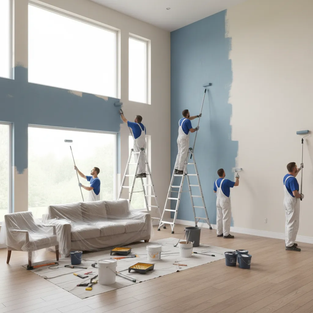 professional painters using rollers and ladders in a large residential interior