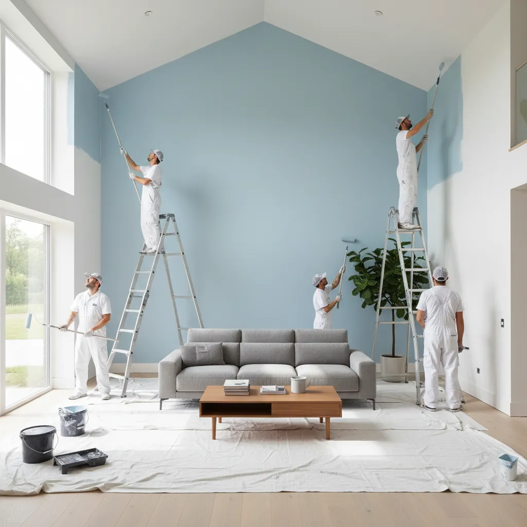Professional painters applying wall paint with rollers inside a modern house interior