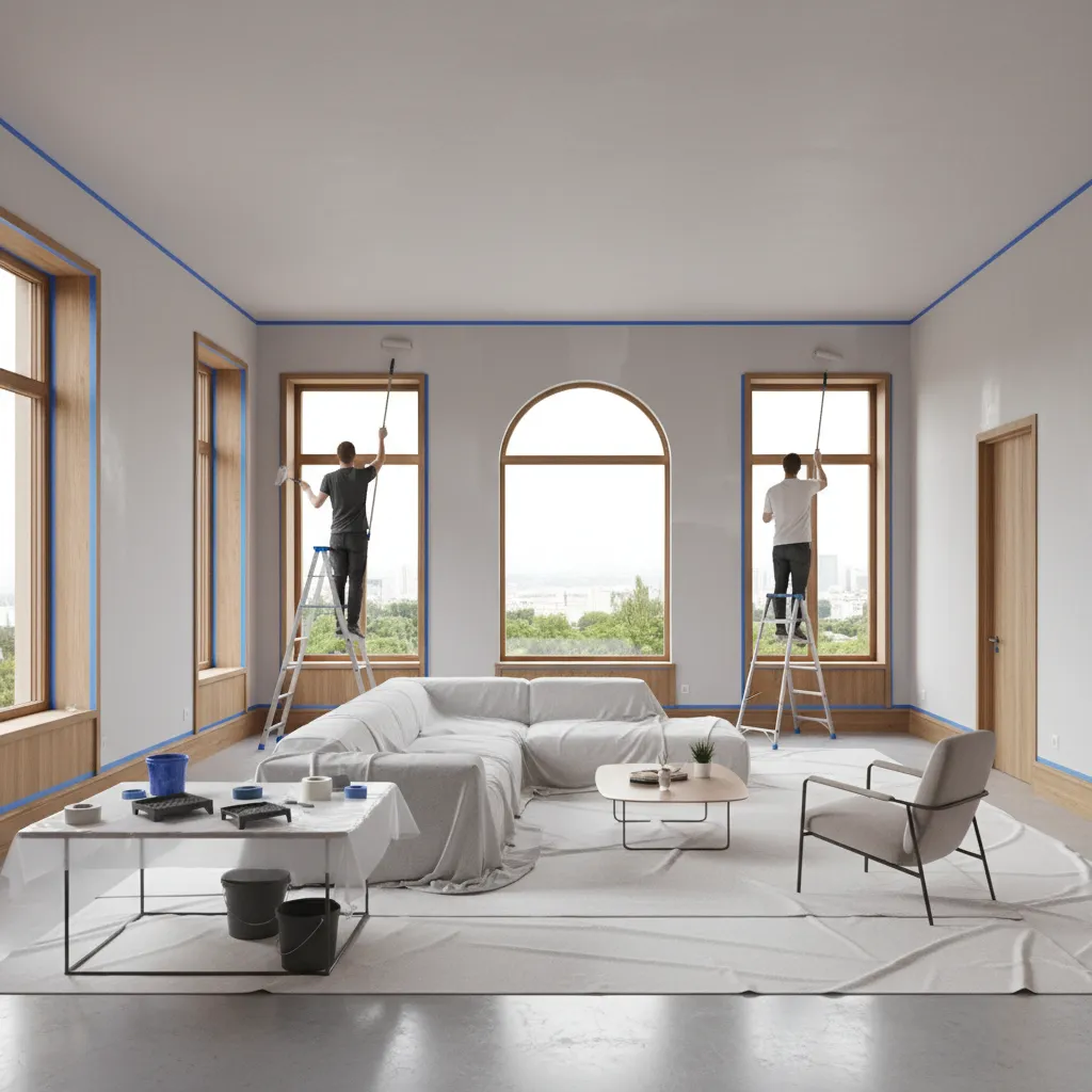 Professional painters painting interior walls with ladders and rollers