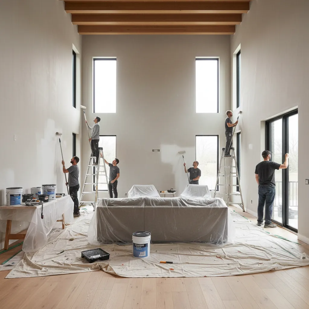 Professional painters using rollers and ladders in large living room