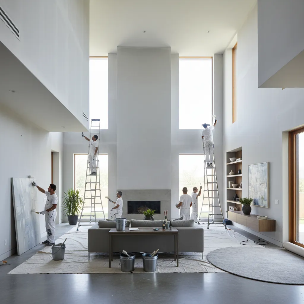 Professional painters working together inside a large home interior with ladders and tools
