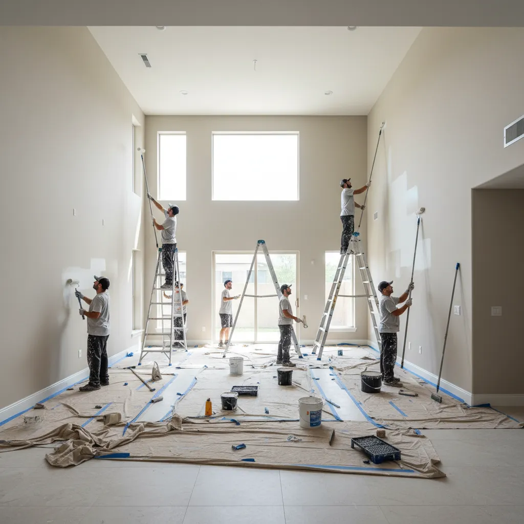 Professional painters using rollers and ladders to paint large interior space