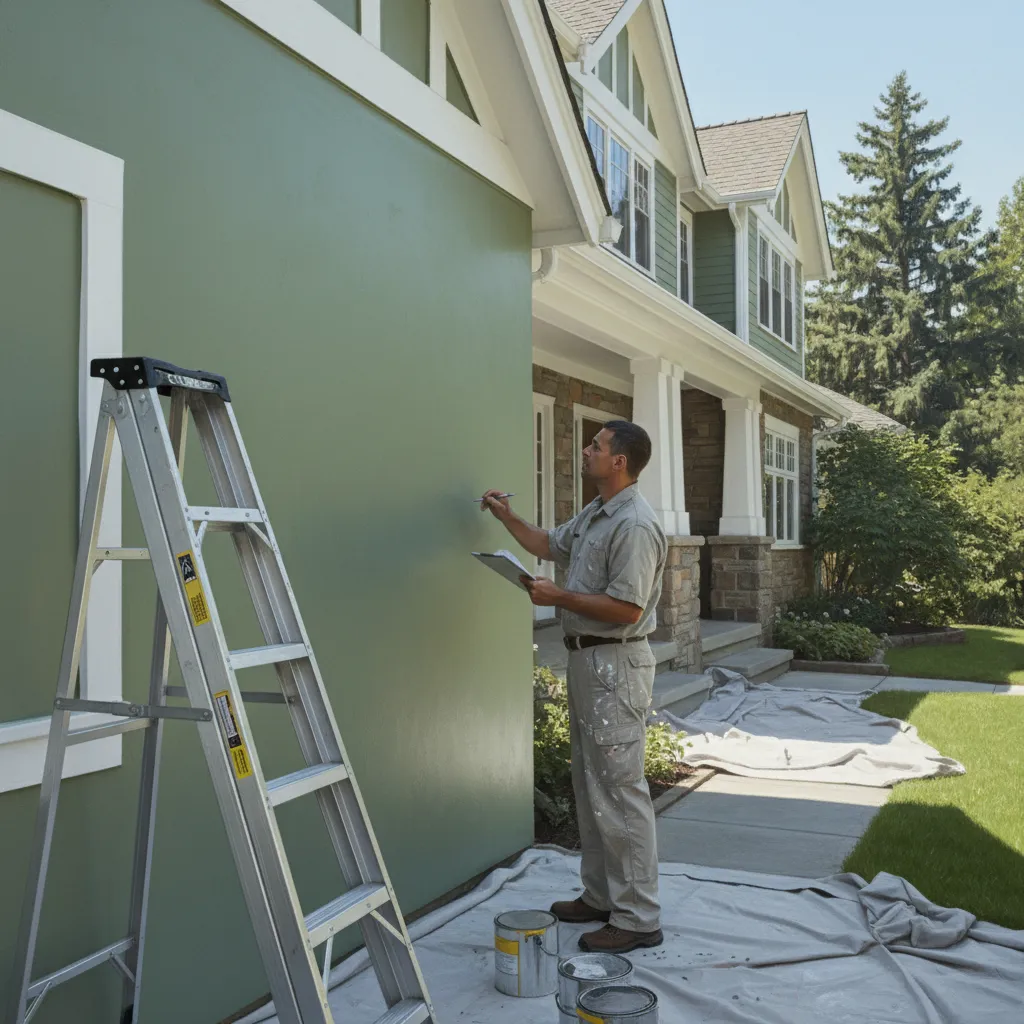 Professional contractor inspecting painted house wall quality