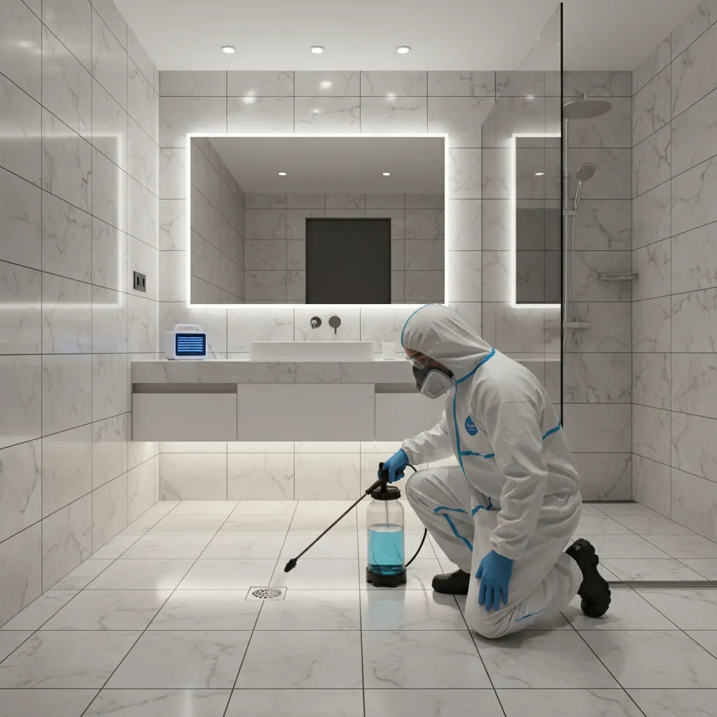 professional pest control technician treating hotel bathroom drain area