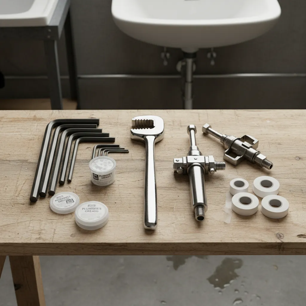 Professional plumbing tools used to repair bathroom faucets and shower fittings