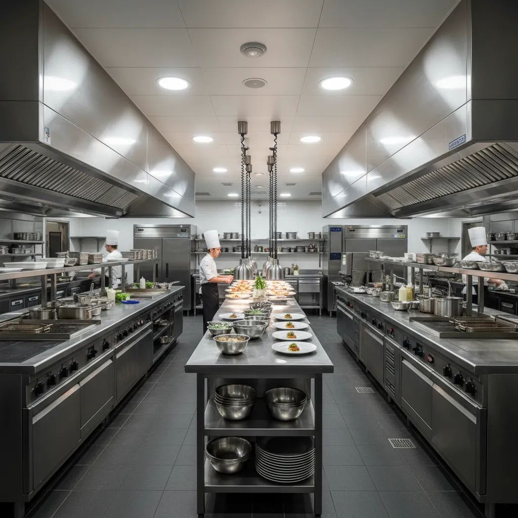 Diseño de cocina profesional de restaurante con estaciones de trabajo