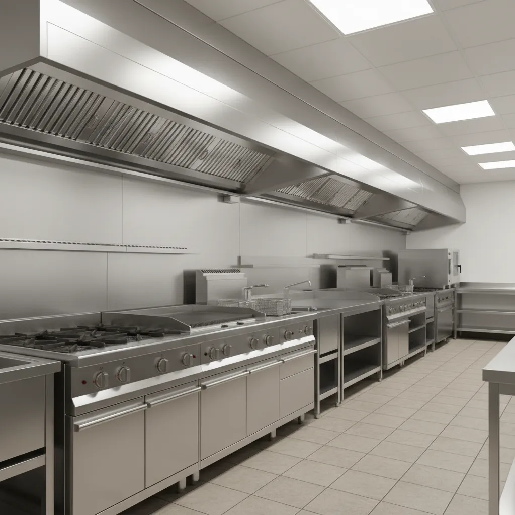 professional restaurant kitchen cooking line with stainless steel equipment