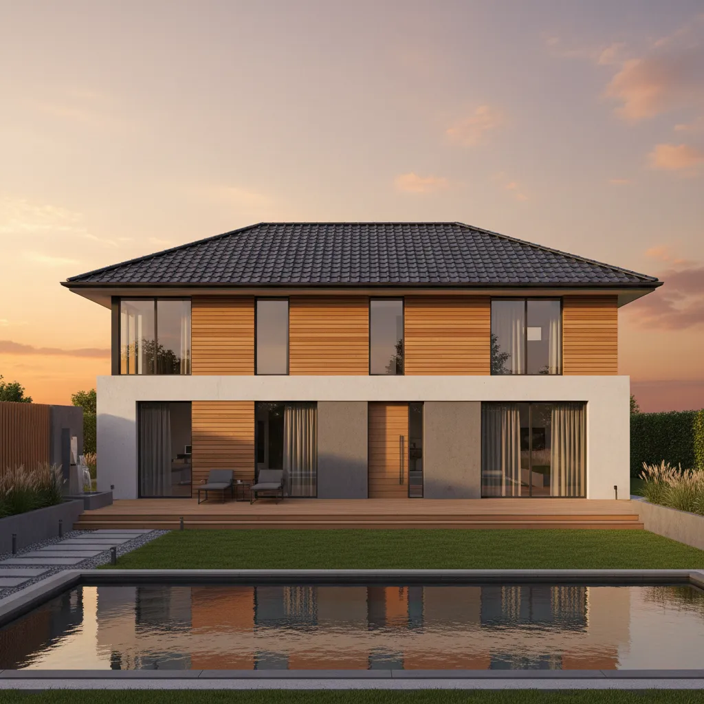 realistic 3D rendering of modern house with hip roof