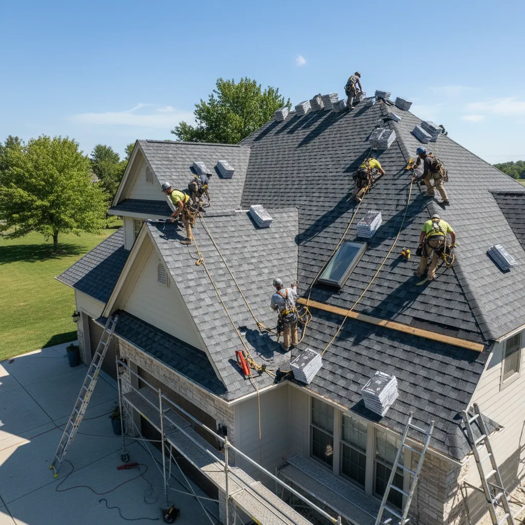 Professional roofing crew installing asphalt shingles correctly