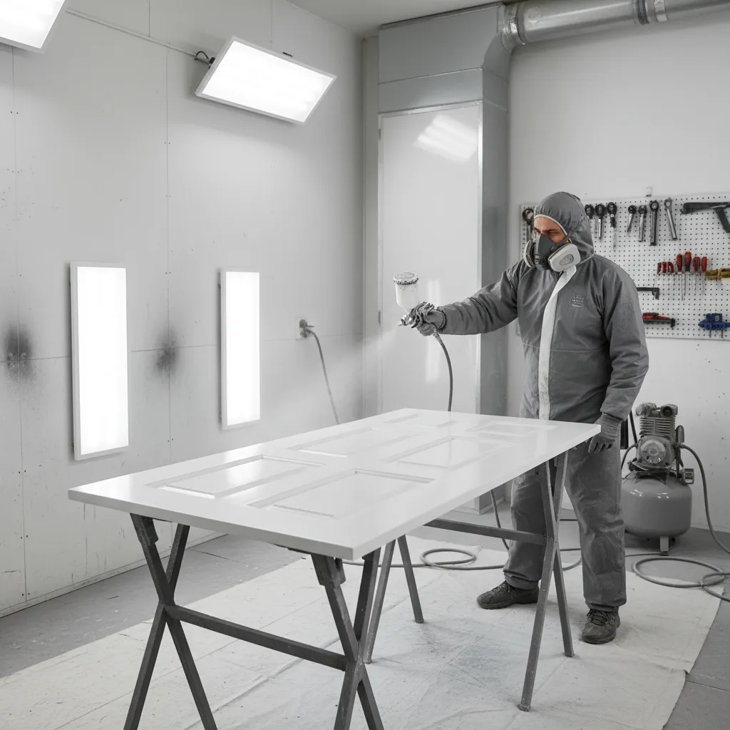 Professional spray painting finish applied to interior door