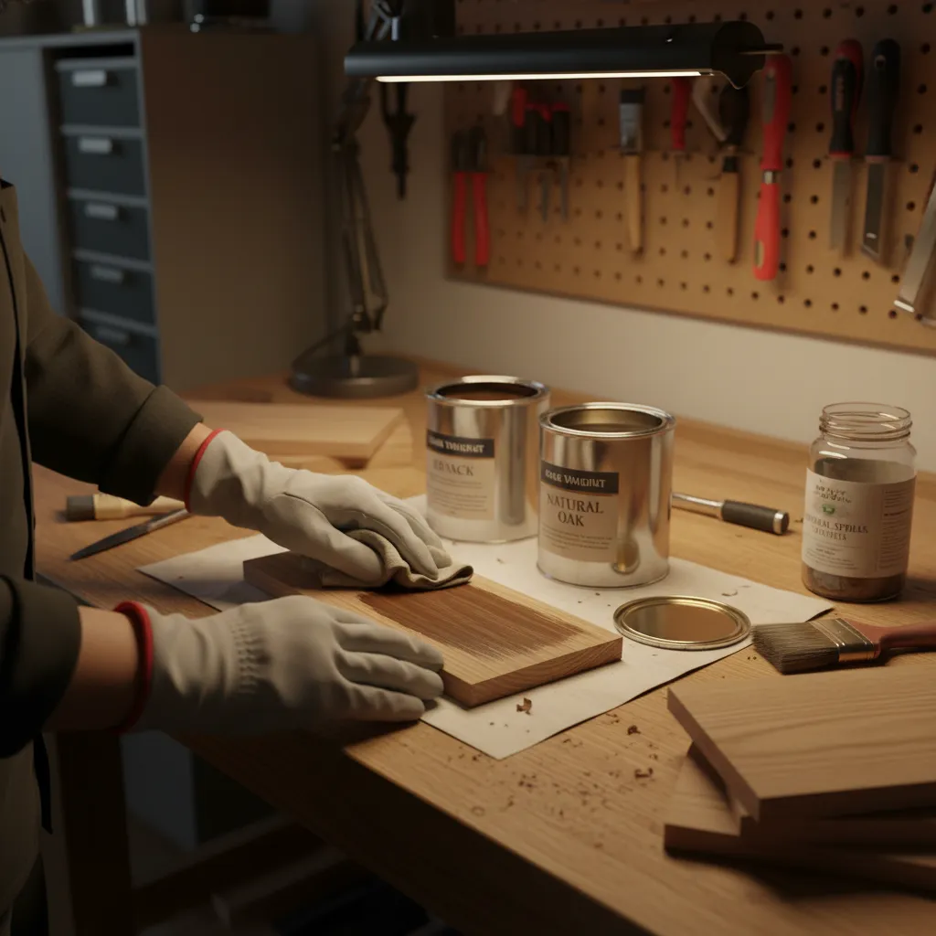 Applying wood stain to sample boards with cloth in woodworking shop