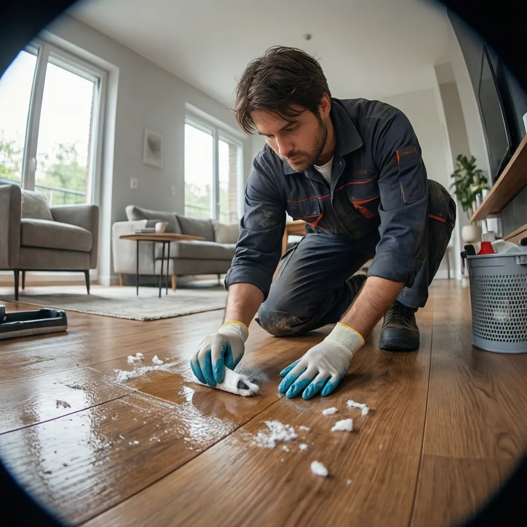 Professional cleaner testing solvent on small section of hardwood floor