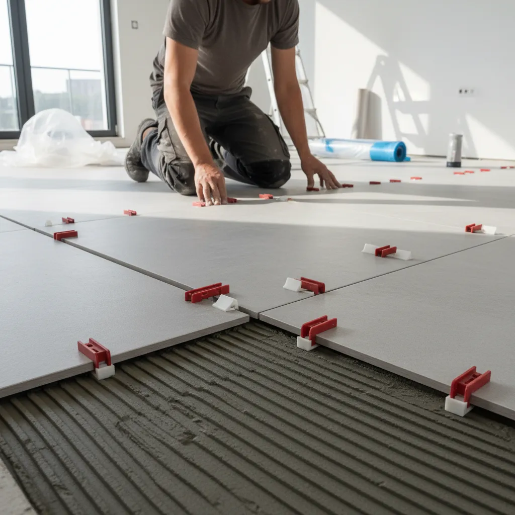Installer using tile leveling system to align large format tiles