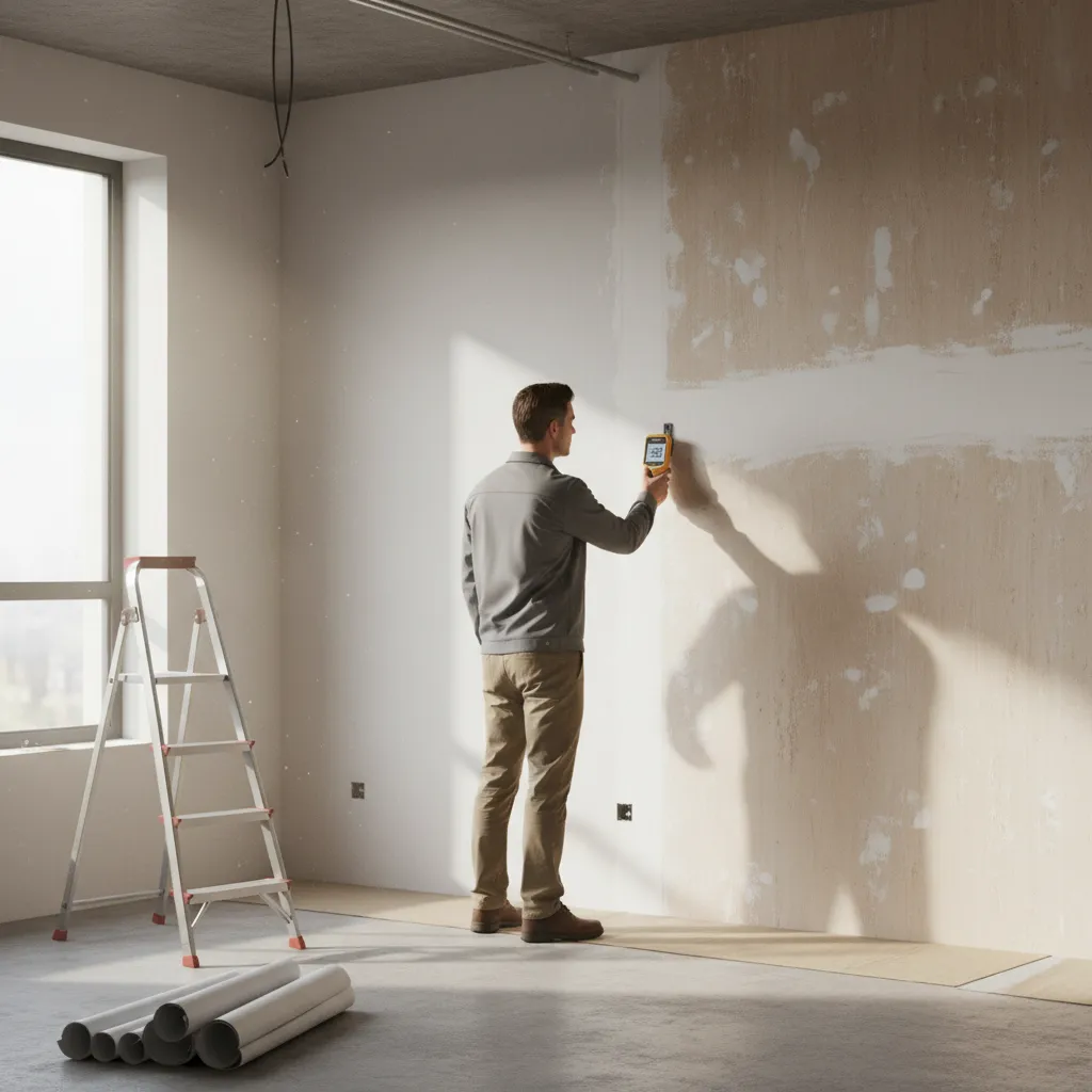 Professional inspecting interior wall with moisture detection equipment