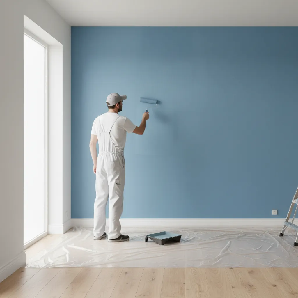 Painter applying smooth interior wall paint with roller